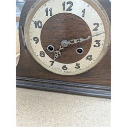 Two wooden mantel clocks, including Elliott example and a brass cased Holosteric Barometer