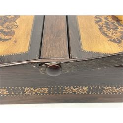 19th century rosewood Tunbridge Ware basket, of rectangular form with curved bentwood handle, and twin hinged sloping covers, lifting to reveal paper lined interiors, not including handle H5.5cm D10.5cm L18cm