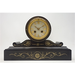  19th century black slate mantel clock, cylinder dome top, circular alabaster Roman dial signed 'Paris', engraved and gilt decoration, twin train movement stamped 'Japy Freres', striking the hours and half on bell, W35cm  