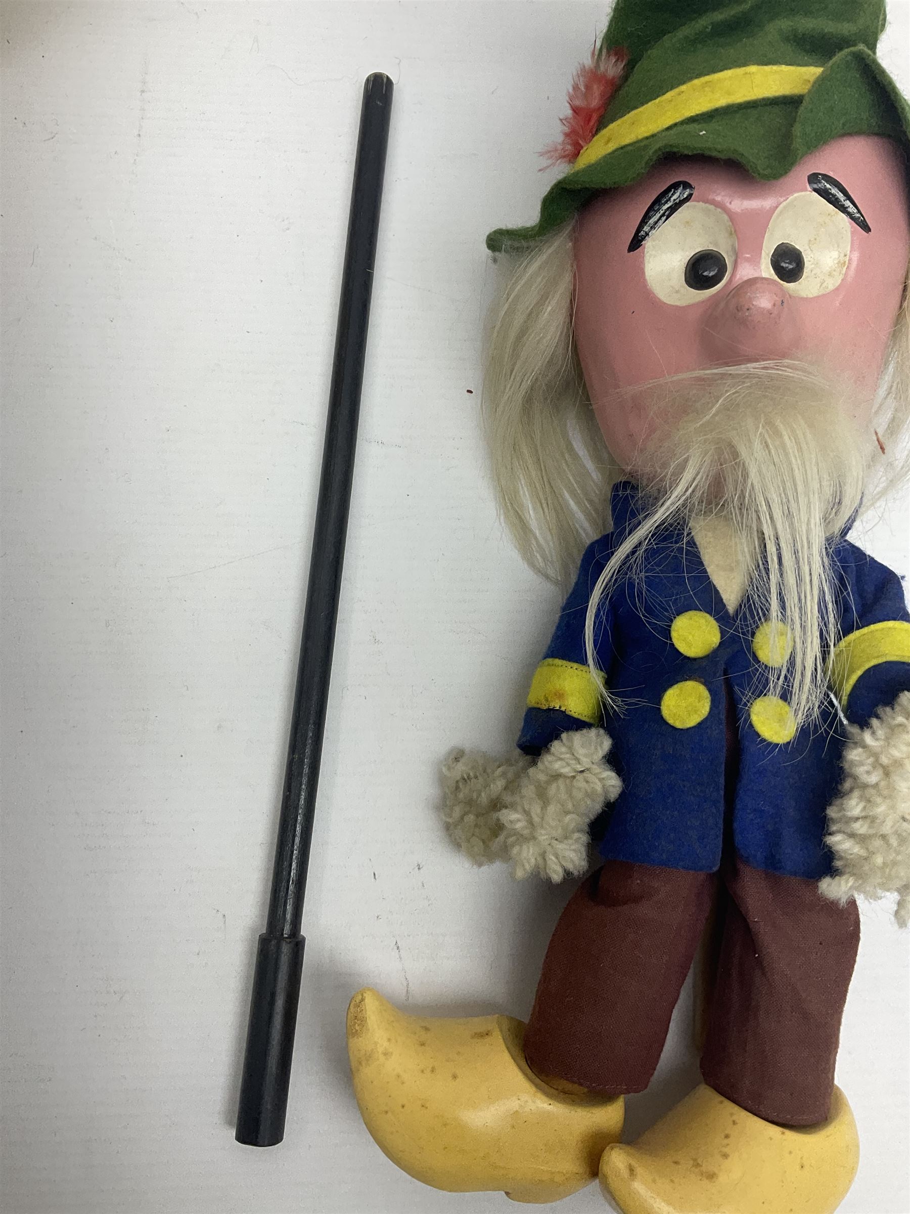 Two Pelham Puppets - The Magic Roundabout Mr. Rusty pole puppet with wool hands and blue  coat dated 1963; boxed; and Type SL Disney Donald Duck; unboxed (2)