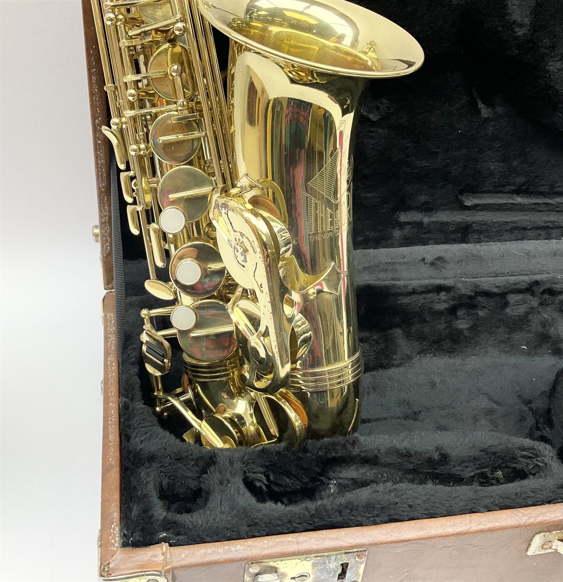 Trevor J. James & Co. 'The Horn' brass alto saxophone, serial no.T04498, H68cm in fitted carrying case