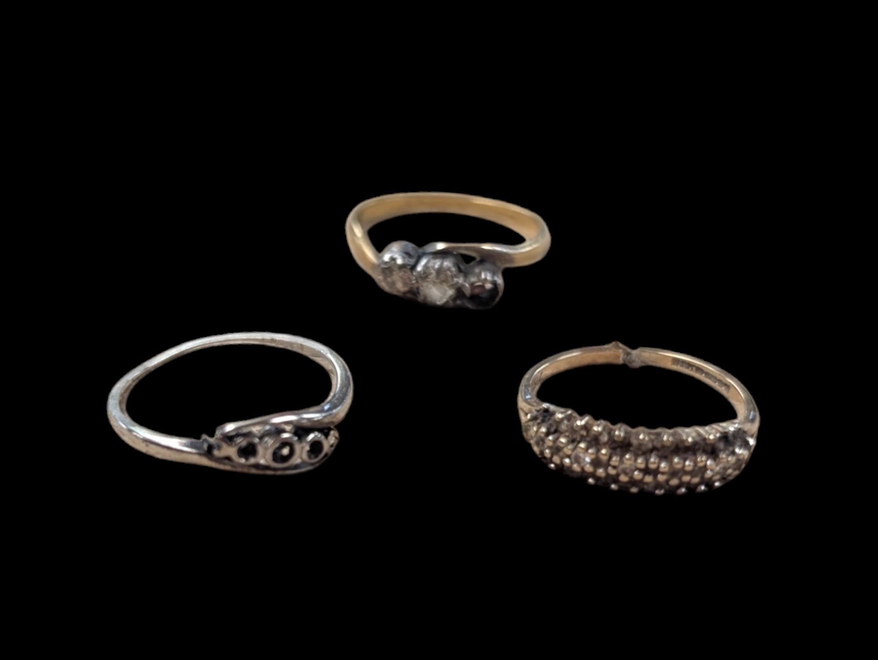 18ct gold diamond ring, 18ct white gold ring shank and a 9ct gold stone set ring