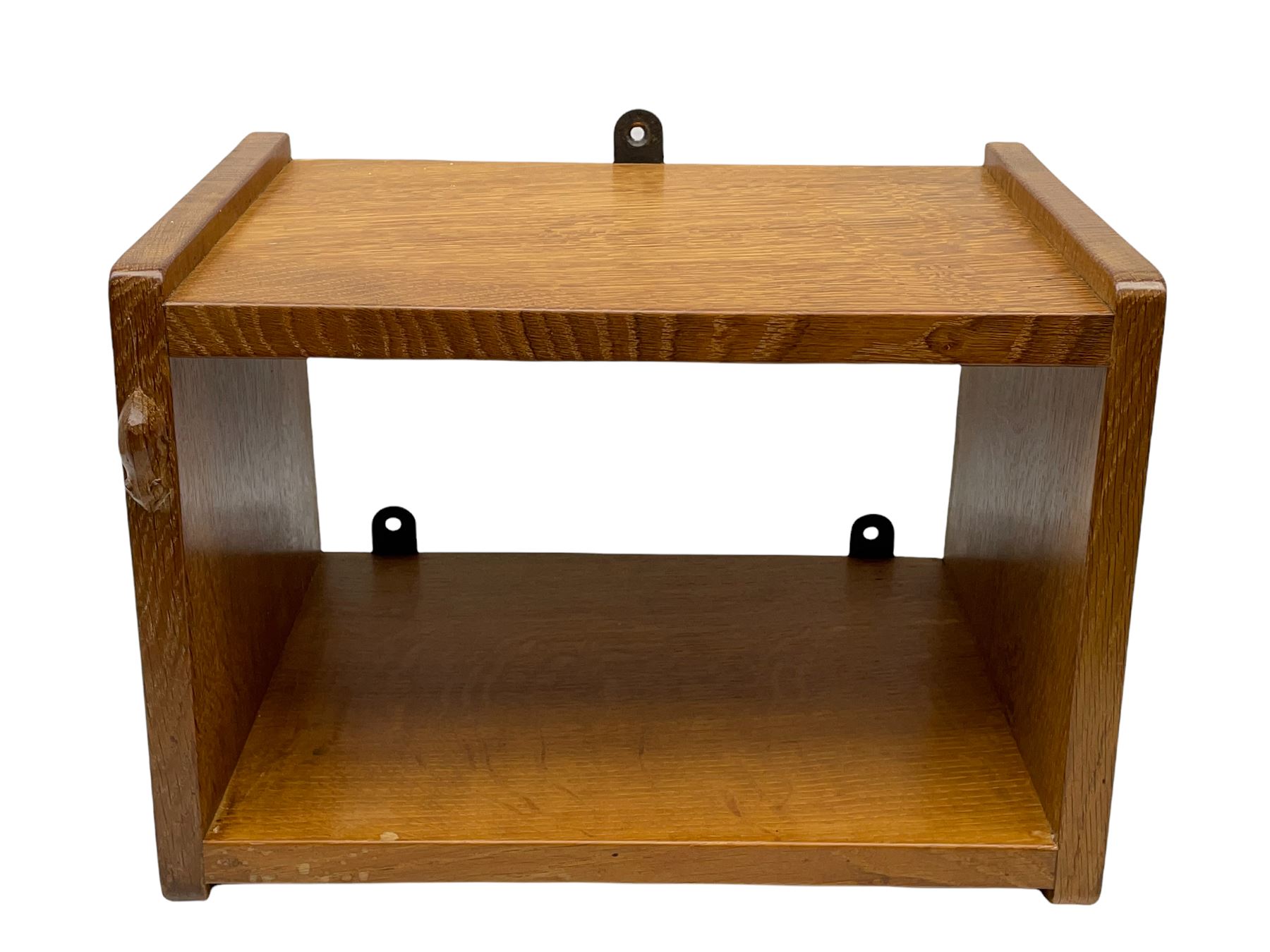 'Mouseman' two tier oak wall hanging shelf, carved with mouse signature, by Robert Thompson of Kilburn