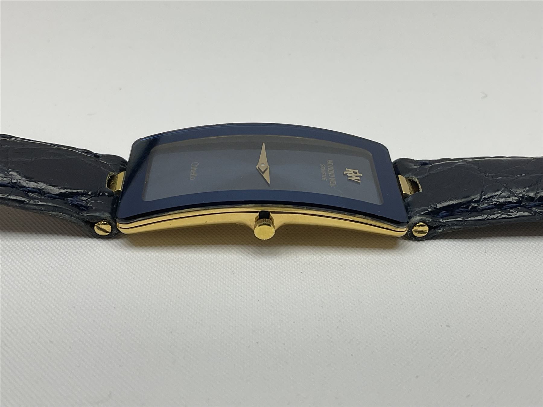 Raymond Weil ladies 'Othello' wristwatch, the rectangular 18ct gold plated case with blue enamel dial, on a Raymond Veil navy blue crocodile leather strap, in original box