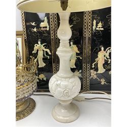 Soapstone table lamp, with carved floral stem, together with three other table lamps, metal candelabra and candlestick, Charles Burton Barber framed print and a Chinese table screen etc 
