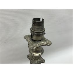 Pair of Corinthian column candlesticks, and a silver plated lamp, candlesticks H26cm