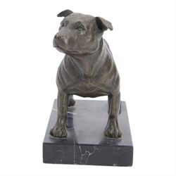 Bronze figure of a Staffordshire bull terrier, upon a rectangular base, H14cm