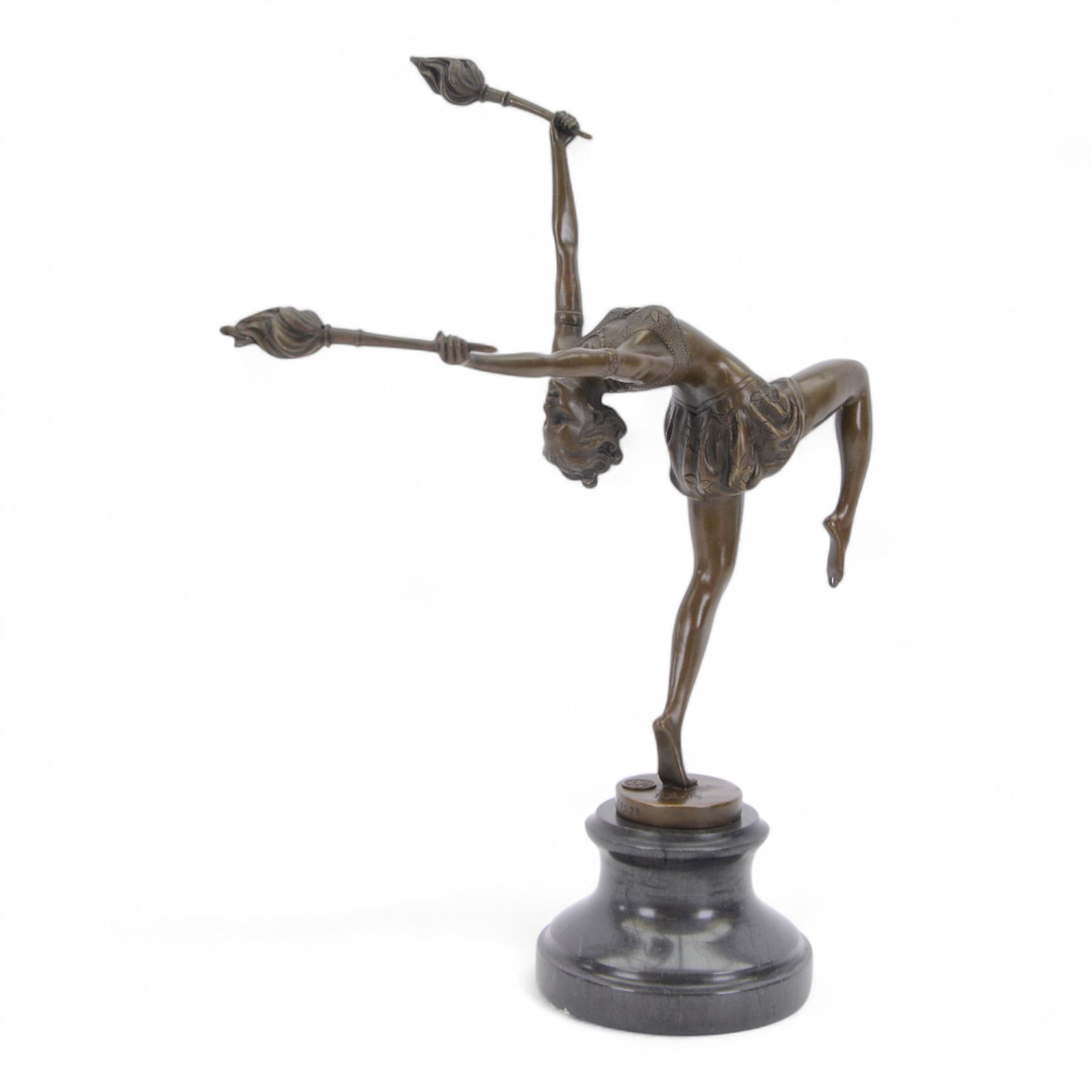 Art Deco style bronze figure of a female dancing with flame torches, raised upon marble socle base, signed F. Paris, H43cm