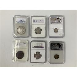 World coins, including three Maria Theresa restrike thalers, William IIII 1834 one shilling, two Queen Elizabeth II South Africa 1957 five shilling coins, other South African coinage, commemorative coins and medallions etc