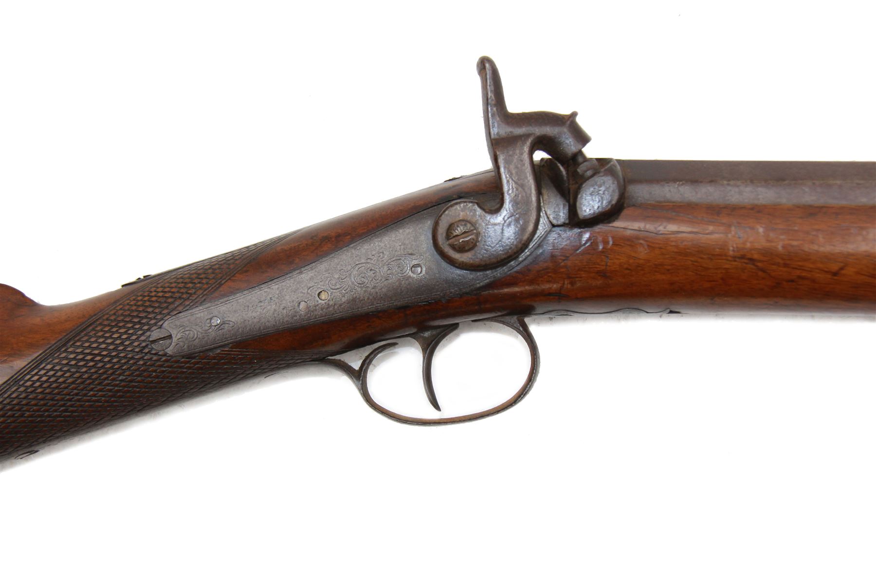 19th century Jones single barrel percussion fire shotgun, muzzle loader, walnut stock with chequered grip and engraved steel fitting marked Jones, the 68cm (27