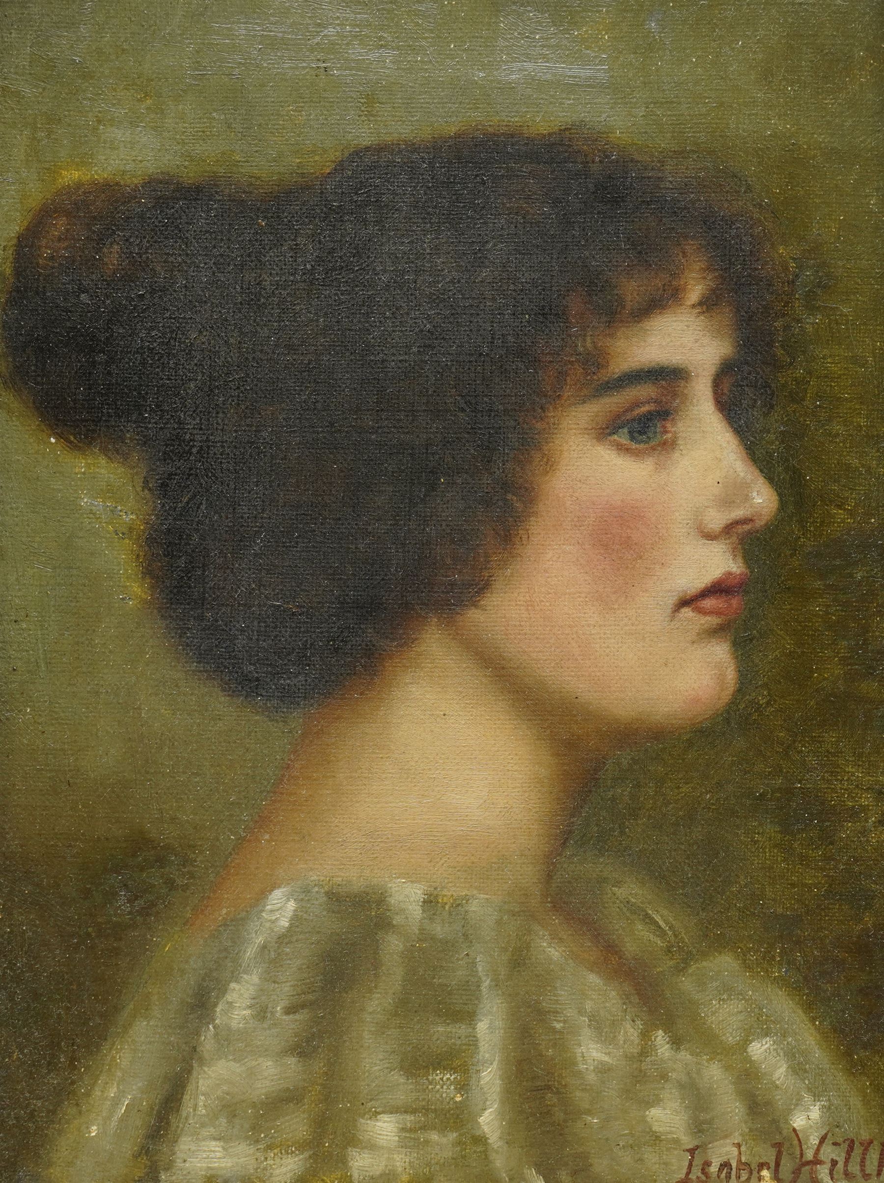 Isabel Hillkink (British fl.1900-1908): Side Profile Portrait of an Edwardian Lady, oil on canvas signed 29cm x 22cm