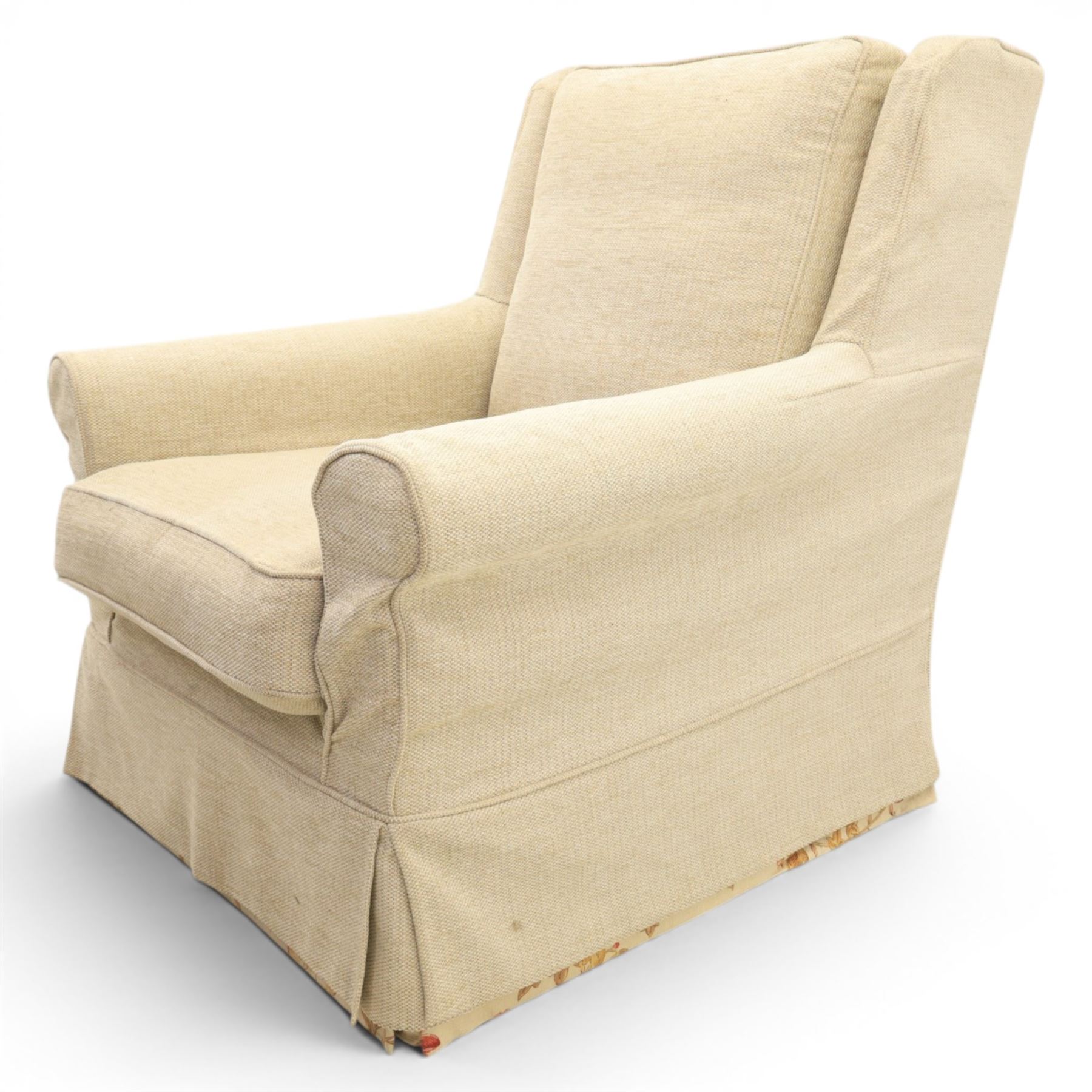 Wesley Barrel - two seater sofa and matching armchair,with scrolled arms and loose cushions, beige chenille fabric, raised on castors  (Armchair: H 100cm, D 100cm, W 87cm)