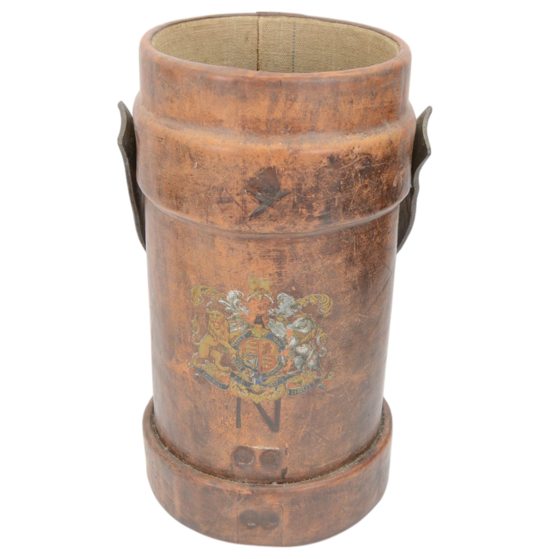 Early 20th century leather artillery shell case by Barrow, Hepburn & Gale Ltd, decorated a transfer printed coat of arms and an impressed N, with a strap handle, the base stamped 'No 58 III BH & G Ltd, together with another artillery shell case