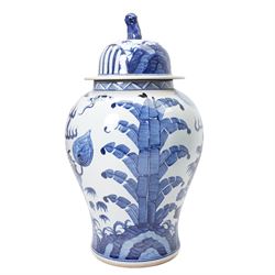 Pair of blue and white Chinese baluster vases and covers decorated with dragons, foliage etc H49cm
