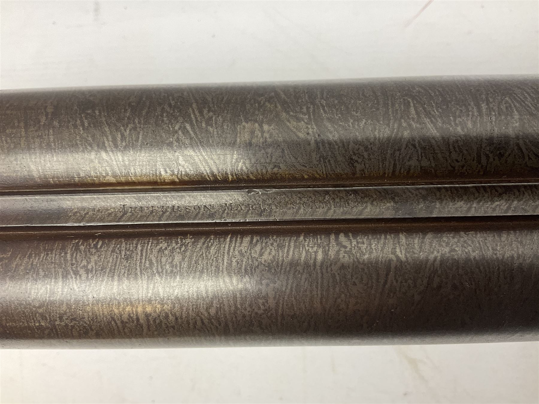 19th century John Jefferson of Scarborough 6-bore (modern 4-bore) double barrel side-by-side percussion gun, with 81cm stub twist damascus barrels (no provision for ramrod), well figured walnut stock with fine chequered grip and fore-end with horn tip and steel butt plate with long tang, well engraved lock and hammers with half-cock safeties on both sides, barrel sling swivel but rear sling swivel removed and replaced with silver escutcheon, London proofmarks, NVN, L128cm