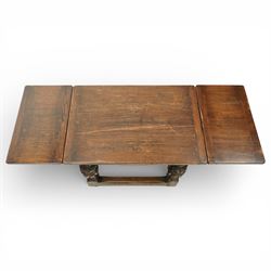 Miniature Elizabethan style oak draw-leaf table, rectangular top with two opposing draw leaves, raised on four bulbous turned supports united by peripheral stretchers
