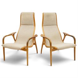 Yngve Ekström (1913-1988) for Swedese - pair of 'Lamino' bent-oak framed easy armchairs, t...