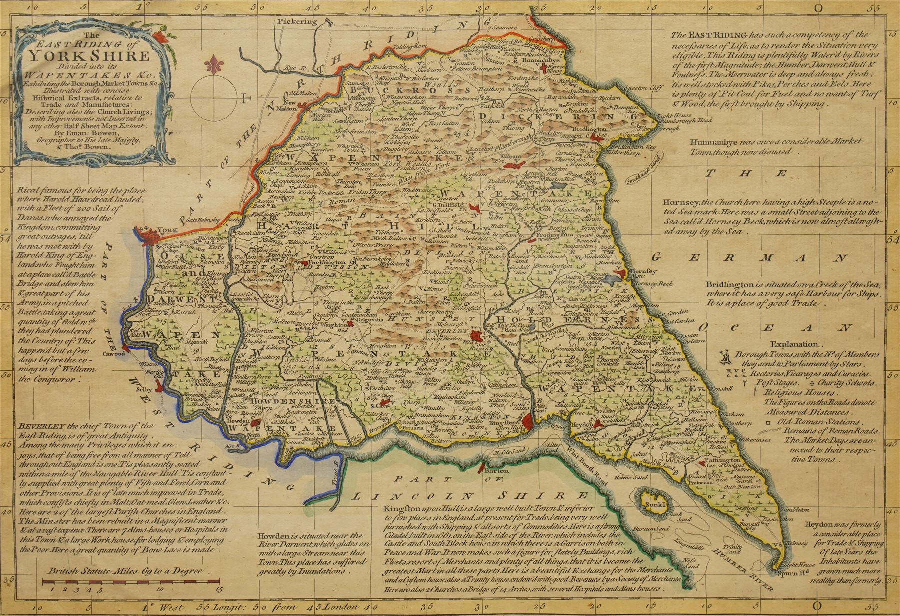 Emanuel Bowen (British 1694-1767): 'Yorkshire Divided into its Ridings' 'North Riding of Yorkshire' 'West Riding of Yorkshire' and 'East Riding of Yorkshire', set of four 18th century engraved maps with hand-colouring pub. Thomas Kitchin c.1750, 24cm x 34cm (4)