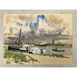 Jean Alexander (British 1911-1994): Views in Suffolk, comprising: 'Morning on the Shore - Aldeburgh July 1984', 'Sunshine on the Backwater - Aug '85 with Stephanie', 'Stormy Weather - High Sea near East Terrace Aug 1988', 'Walberswick - July 1990', 'Squally Weather near Bungay (outside Joan's house Broom Tuns) Jan 1990', 'Polzeath N. Cornwall - August 1989', and another untitled, watercolours, each signed, variously titled and dated verso, the titled 27.5cm x 37.5cm (unframed), the other 25cm x 27cm (mounted) (7)