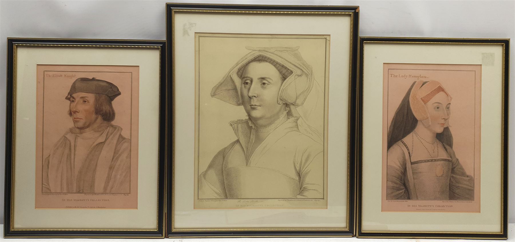 Francesco Bartolozzi R.A. (Italian 1727-1815) after Hans Holbein the Younger (German 1497-1543): 'Imitations Of Original Drawings By Hans Holbein, In The Collection Of His Majesty, For The Portraits Of Illustrious Persons Of The Court Of Henry VIII', three coloured stipple engravings pub. John Chamberlaine (1745-1812) 1793-1800, max 40cm x 31cm, together with 'The Drawings of Hans Holbein in the Collection of His Majesty the King at Windsor Castle' by K T Parker pub. Phaidon 1945 (4)