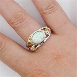 Silver and 14ct gold wire, single stone opal ring, stamped 925
