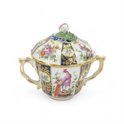 19th century porcelain chocolate cup and cover, decorated in the manner of Worcester with exotic birds, probably Samson Paris 