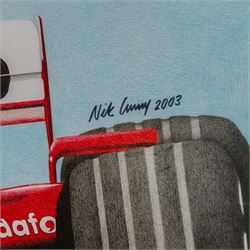 Four Formula 1 racing prints by Nik Curry, including a signed limited edition example, all within silver frames, H38cm, W59cm