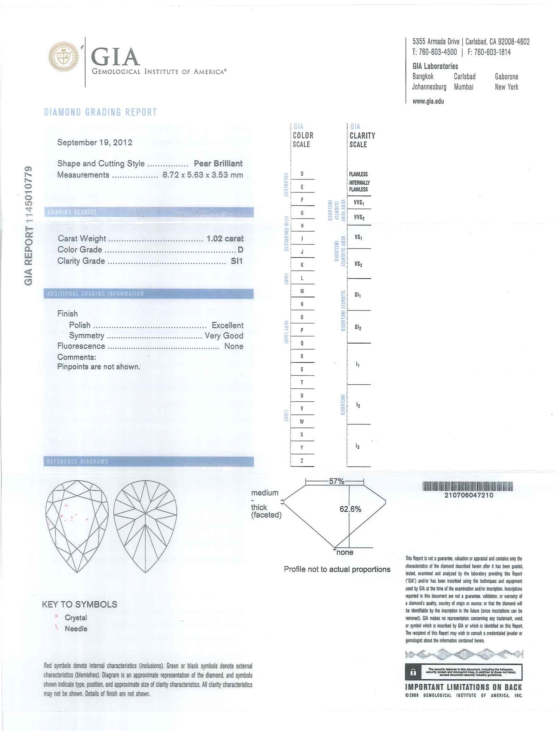 Pair of platinum diamond pendant earrings, each stud set with two pear cut diamonds, of 1.01 carat, 1.02 carat, 0.30 carat and 0.32 carat, spaced by a round brilliant cut diamond, total diamond weight 2.65 carat, each pear cut with a GIA certificate