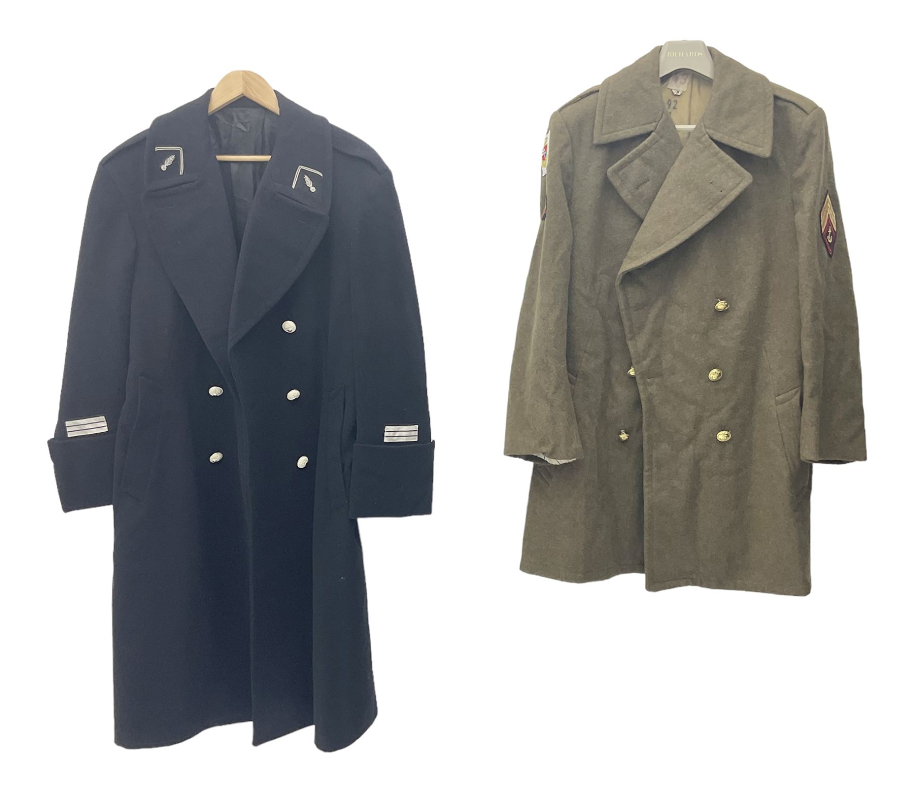 French Gendarmerie greatcoat, bears label for 'Maitre-Tailleur F.M. Barronnier 52 Chaumont 13 Rue Ferrer'; and French greatcoat (Indochine Period Vietnam 1947/1953)