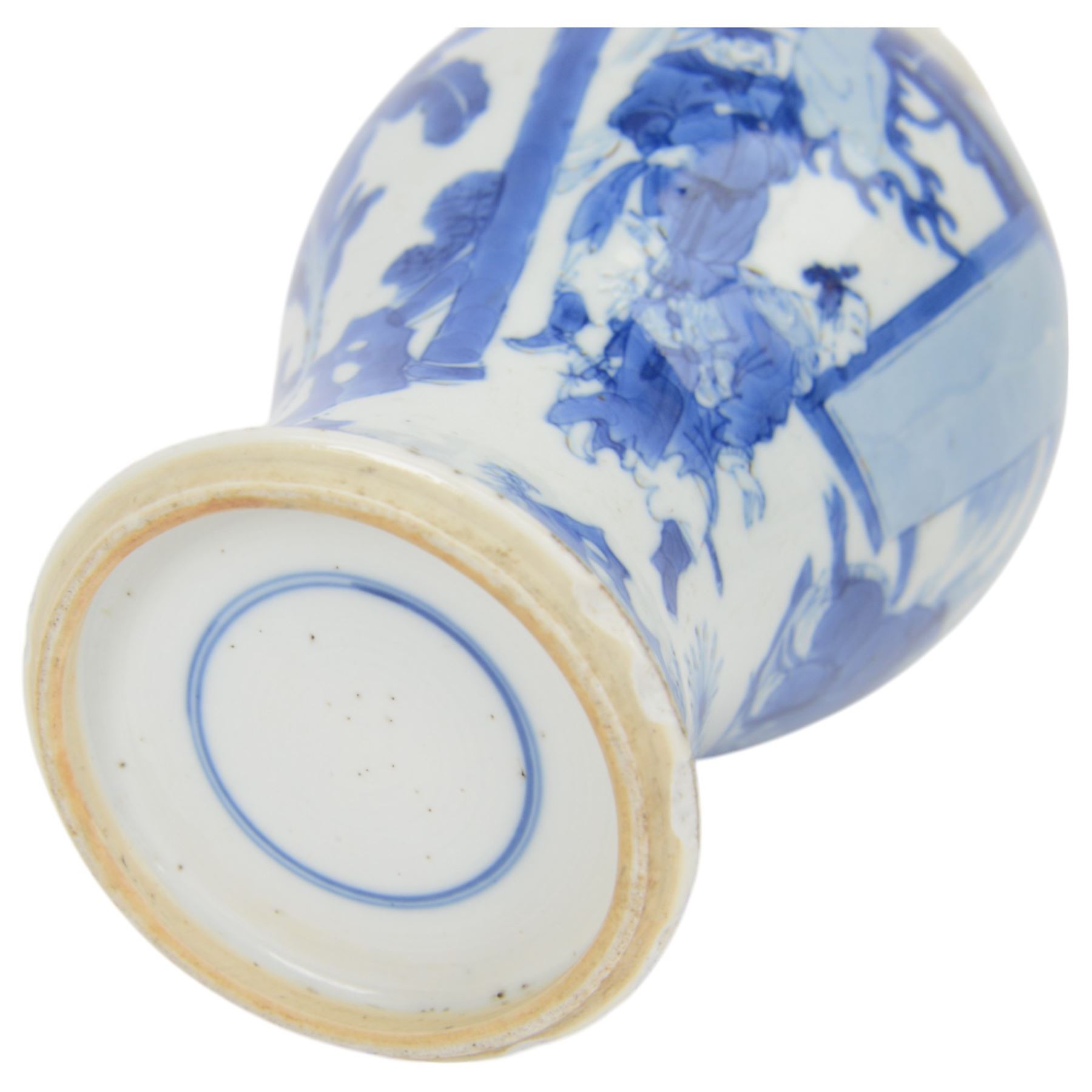 Chinese Kangxi porcelain vase, of baluster form painted in underglaze blue with seated figures and attendants, with fence, rockwork and leafy bamboo branches, with concentric circles mark beneath, H22.5cm