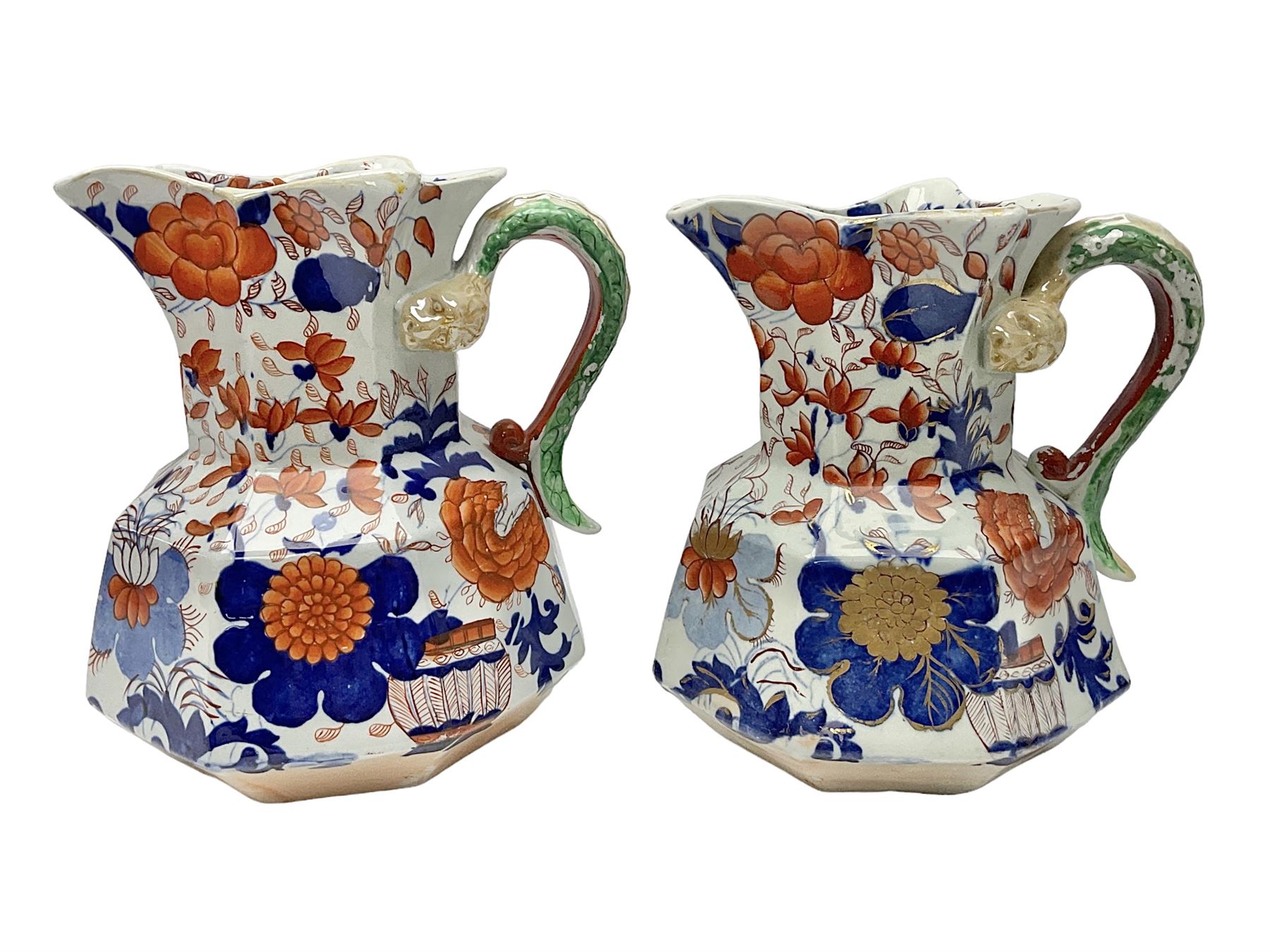 Two Masons Ironstone jugs, each in the Imari palette with serpent handles, with maker's mark beneath, tallest H24cm