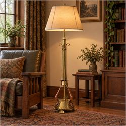 Arts and Crafts copper and brass standard lamp, in the manner of W A S Benson, slender tub...