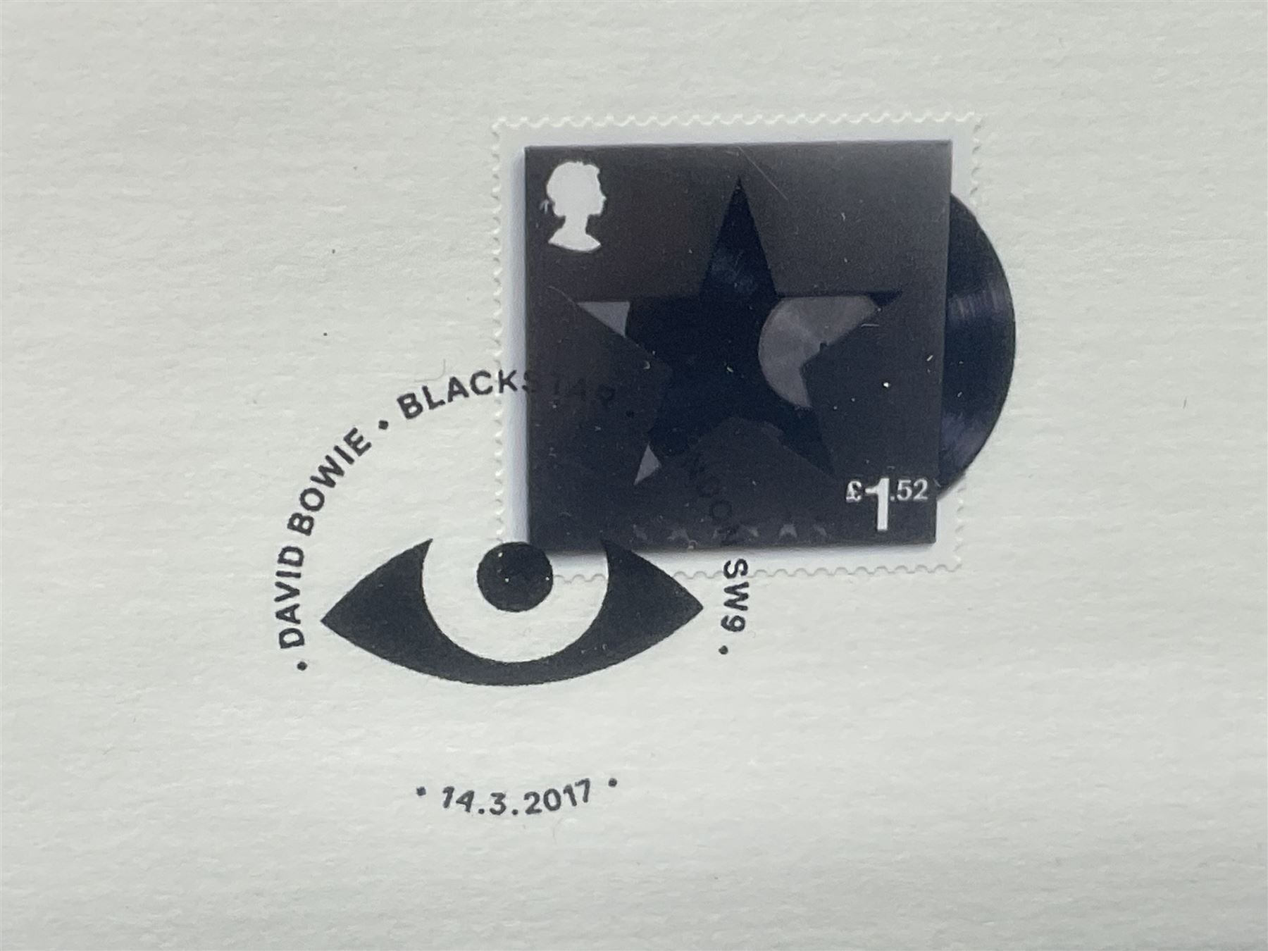 Set of four Royal Mail David Bowie limited edition album stamp prints, comprising Blackstar, Heroes, Let's Dance and Aladdin Sane, all framed and in original packaging, H43cm W43cm