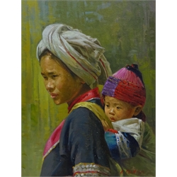  A Phanich (Thailand 20th century): Mother with Child on her Back, oil on canvas signed 45cm x 34cm  