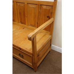  Waxed pine Monks bench, four panel back, solid seat, two drawers, stile supports, W128cm  