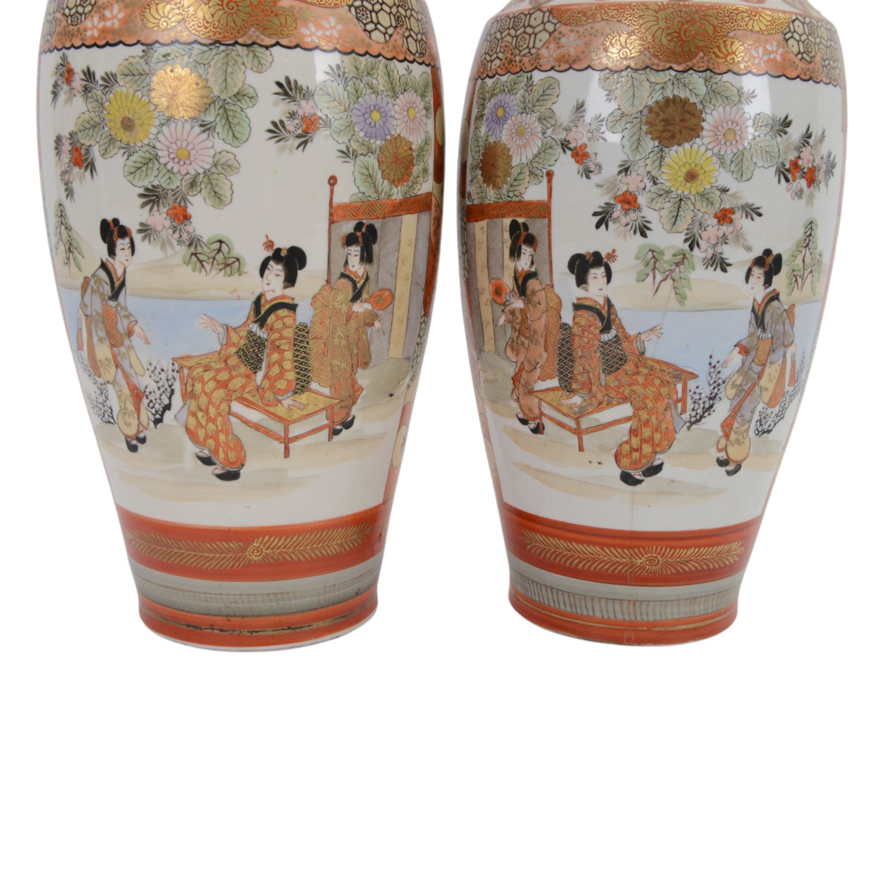 Pair of Japanese Katani vases, of baluster form decorated  with two panels depict a figures in a garden and peacocks amongst flowers, the rim with decorated borders including scrolls, flowers and Greek key design, with character marks beneath H36cm