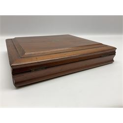 Victorian silver plated dessert set by Elkington & Co for twelve place settings, each reeded handle with vacant cartouche, each with Elkington & Co mark, date letter for 1861, and registration lozenge, contained within a mahogany case with vacant brass cartouche to the hinged cover, opening to reveal a Royal blue baize lined interior with removable tray, case H6cm W29.5cm D26.5cm