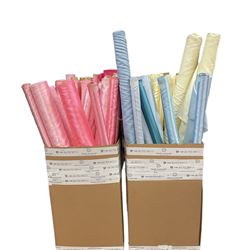 Haberdashery Shop Stock: Various rolls of fabric, mostly stage satin, in pink, yellow and blue (qty) in two boxes