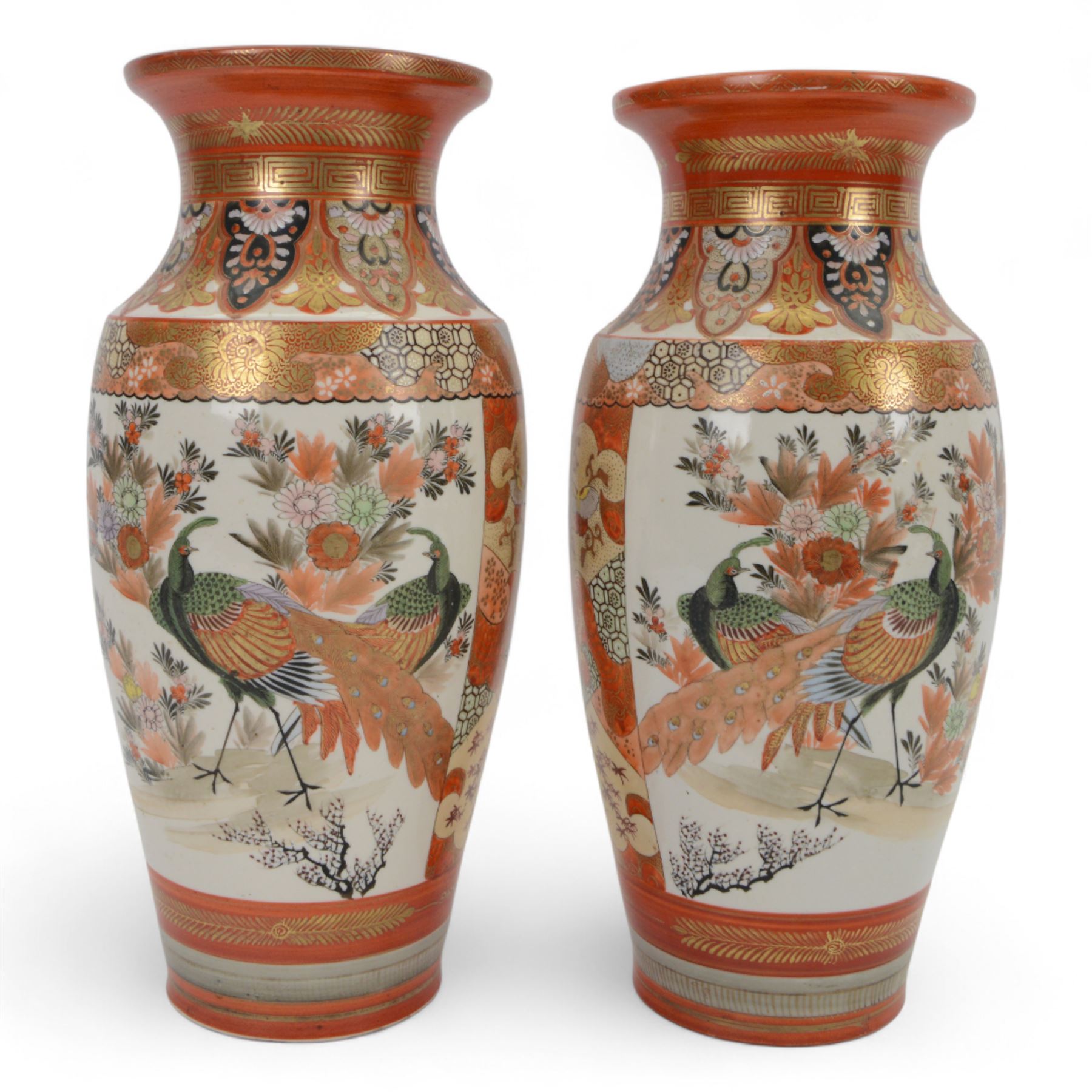Pair of Japanese Katani vases, of baluster form decorated  with two panels depict a figures in a garden and peacocks amongst flowers, the rim with decorated borders including scrolls, flowers and Greek key design, with character marks beneath H36cm