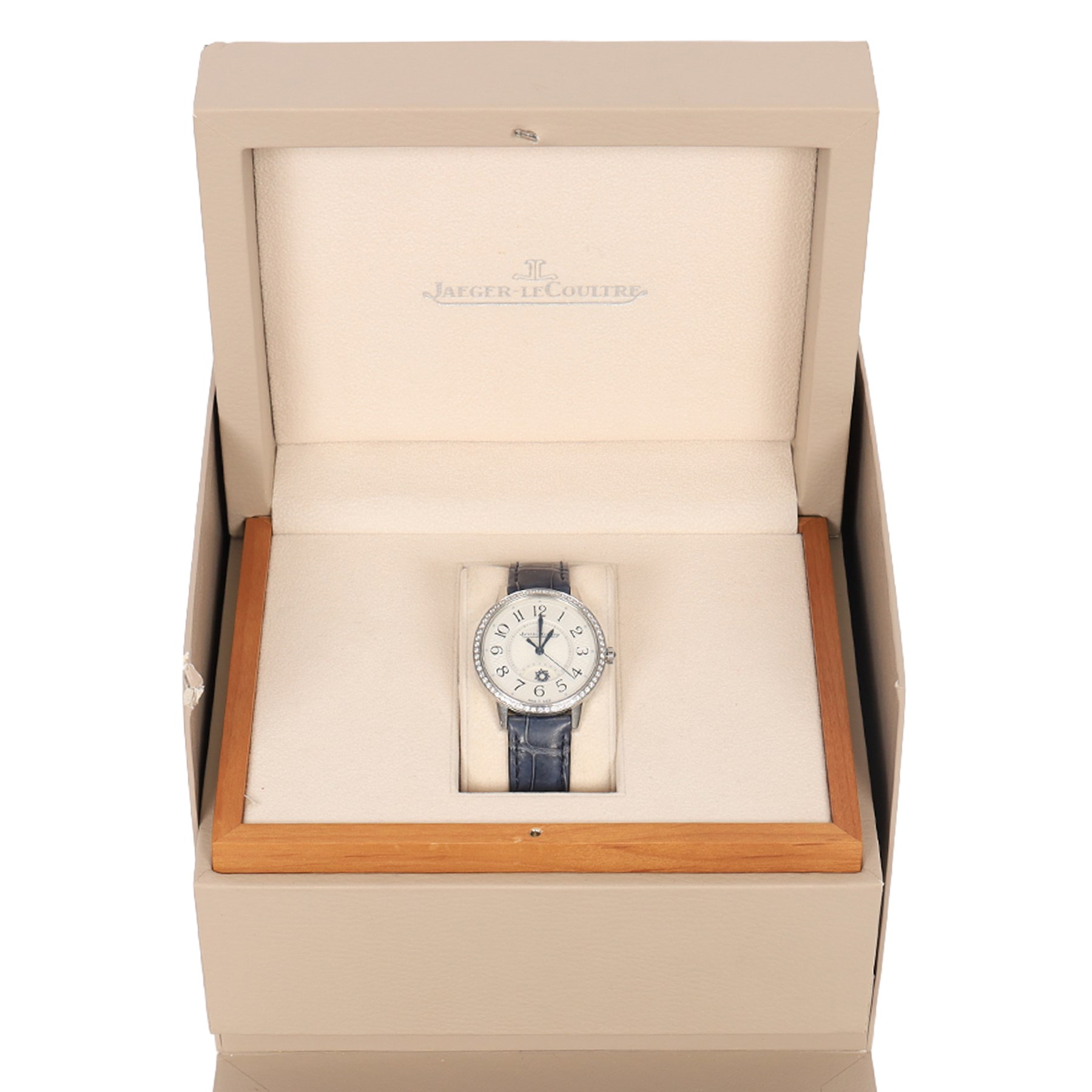 Jaeger-LeCoultre Rendez-Vous Night & Day ladies stainless steel diamond automatic wristwatch, Ref. 344.8.37.S, silvered dial with Arabic hour markers, on blue leather strap with fold-over clasp, boxed with original receipt dated 2019