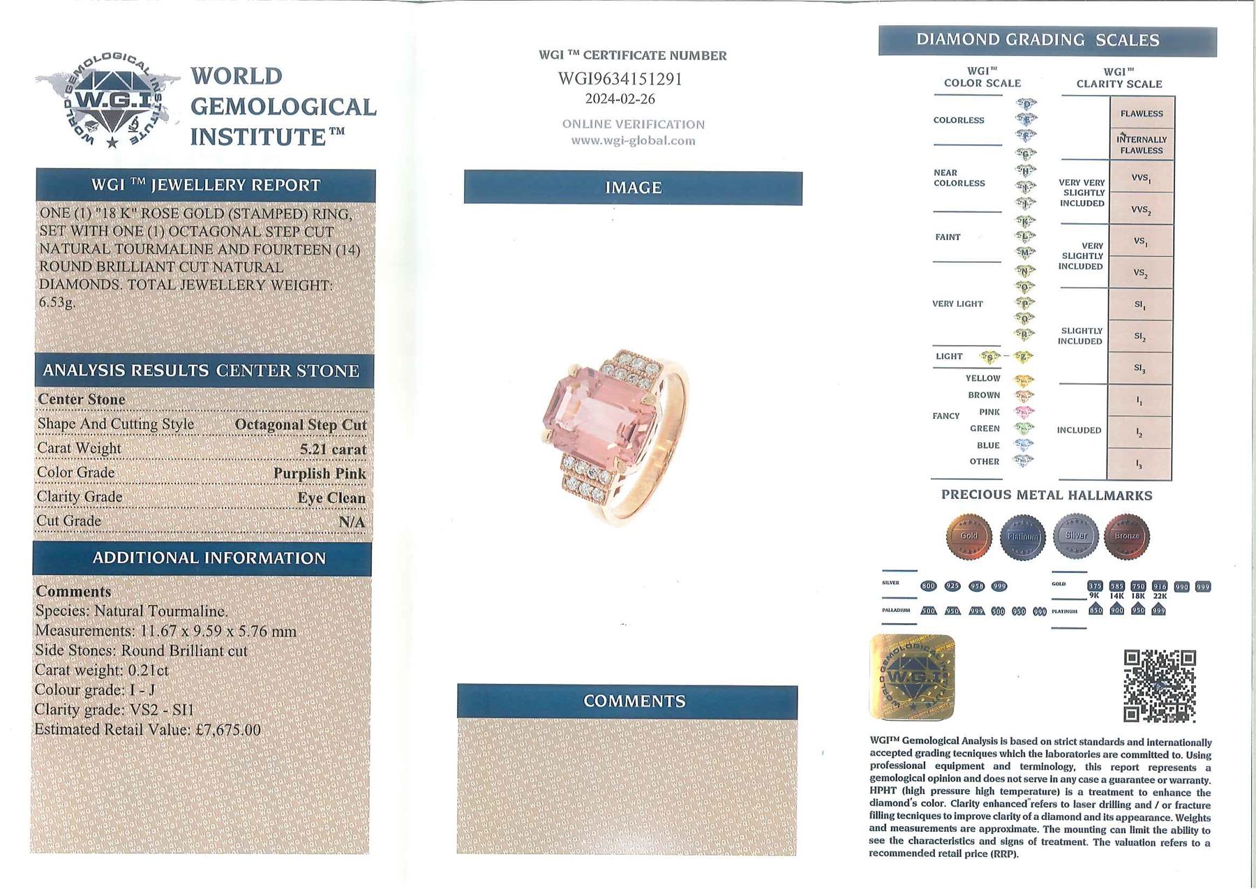 18ct rose gold pink tourmaline and diamond ring, emerald cut tourmaline of 5.21 carat, with milgrain set round brilliant cut diamond stepped design shoulders, stamped 750, with World Gemological Institute report