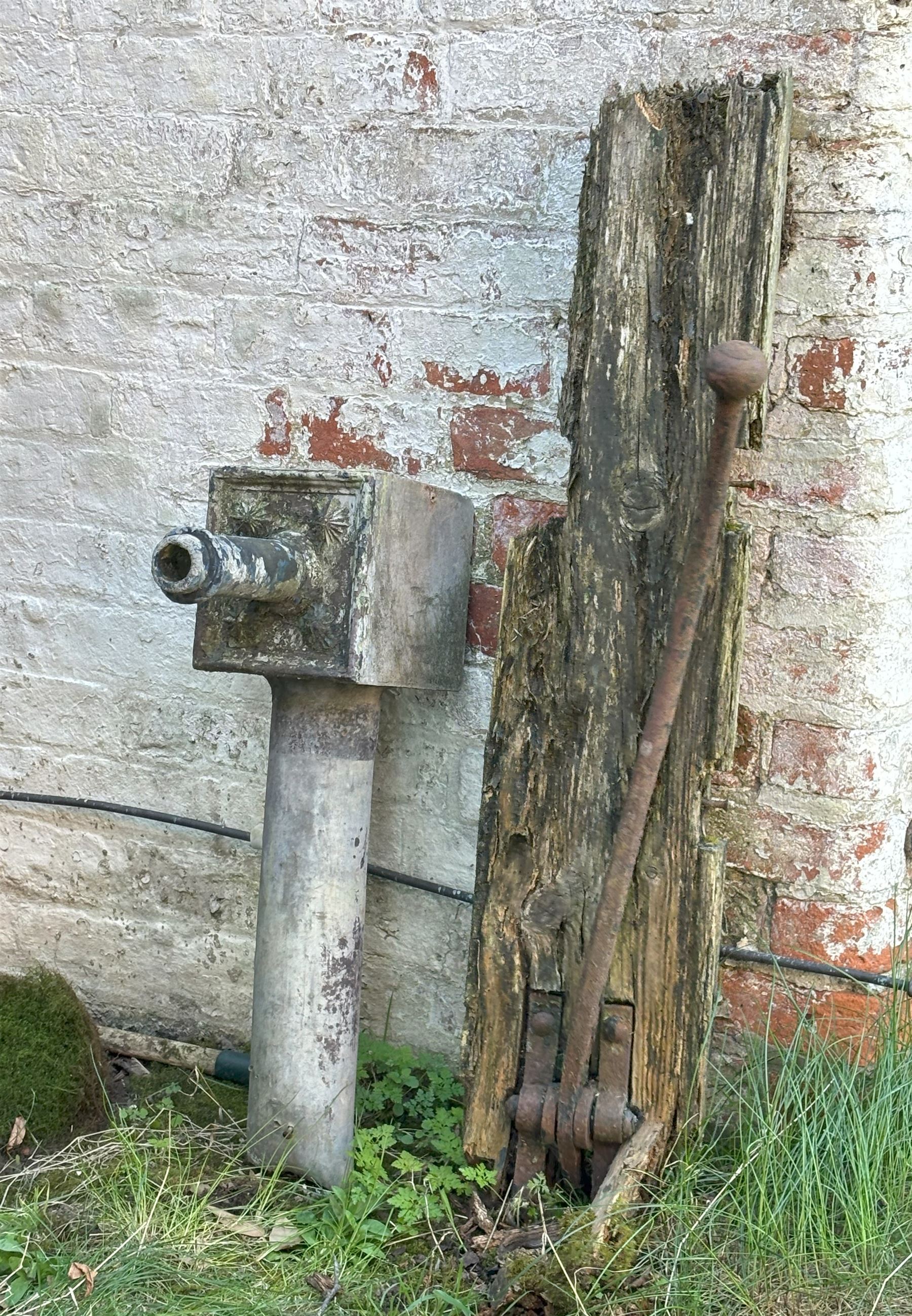 19th century lead water pump decorated with paterae, complete with wrought iron handle. H91cm.  - COLLECTION BY APPOINTMENT FROM: The White House, Thirsk Road, Easingwold, York, YO61 3NF - CALL 01723 507111 TO ARRANGE