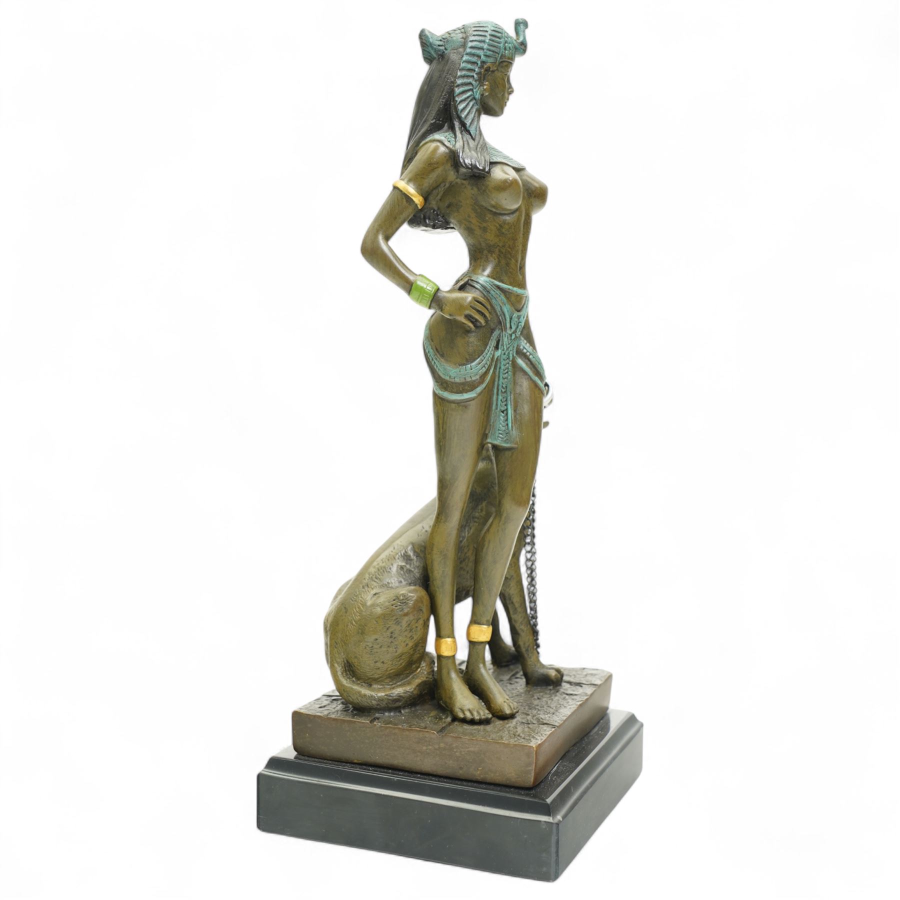 Bronze of Cleopatra with a panther on a leash, foundry mark on square marble base H25cm 