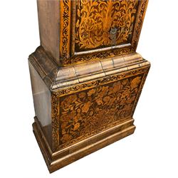 William & Mary floral marquetry 8-day longcase clock c 1700, later mid-18th century four pillar rack striking movement with a square brass dial and subsidiary seconds dial, ringed winding holes and calendar aperture to the matted dial centre, with London cherub head cast spandrels and (later) fretted steel hands, silvered Roman numeral chapter ring with stylised fleur di Lis half hour makers, narrow Arabic five-minutes, minute track and inner quarter hour track, signed Thomas Horlock, Hammersmith, 
case with box upstand to the domed floral marquetry decorated caddy with three brass flame finials, above a moulded cornice and fretwork frieze,  inlaid hood door with attached barley twist pillars to the front above an inlaid convex moulding, full length D moulded trunk door with a circular lenticle inlaid with floral and foliage panels inhabited with birds, on a conforming marquetry plinth with applied double skirting. Thomas Horlock is recorded as a Whitesmith & Clockmaker of Hammersmith, Middlesex.
A copy of Thomas Horlock's will dated the 15th June 1757 is held at The National  Archives Kew.