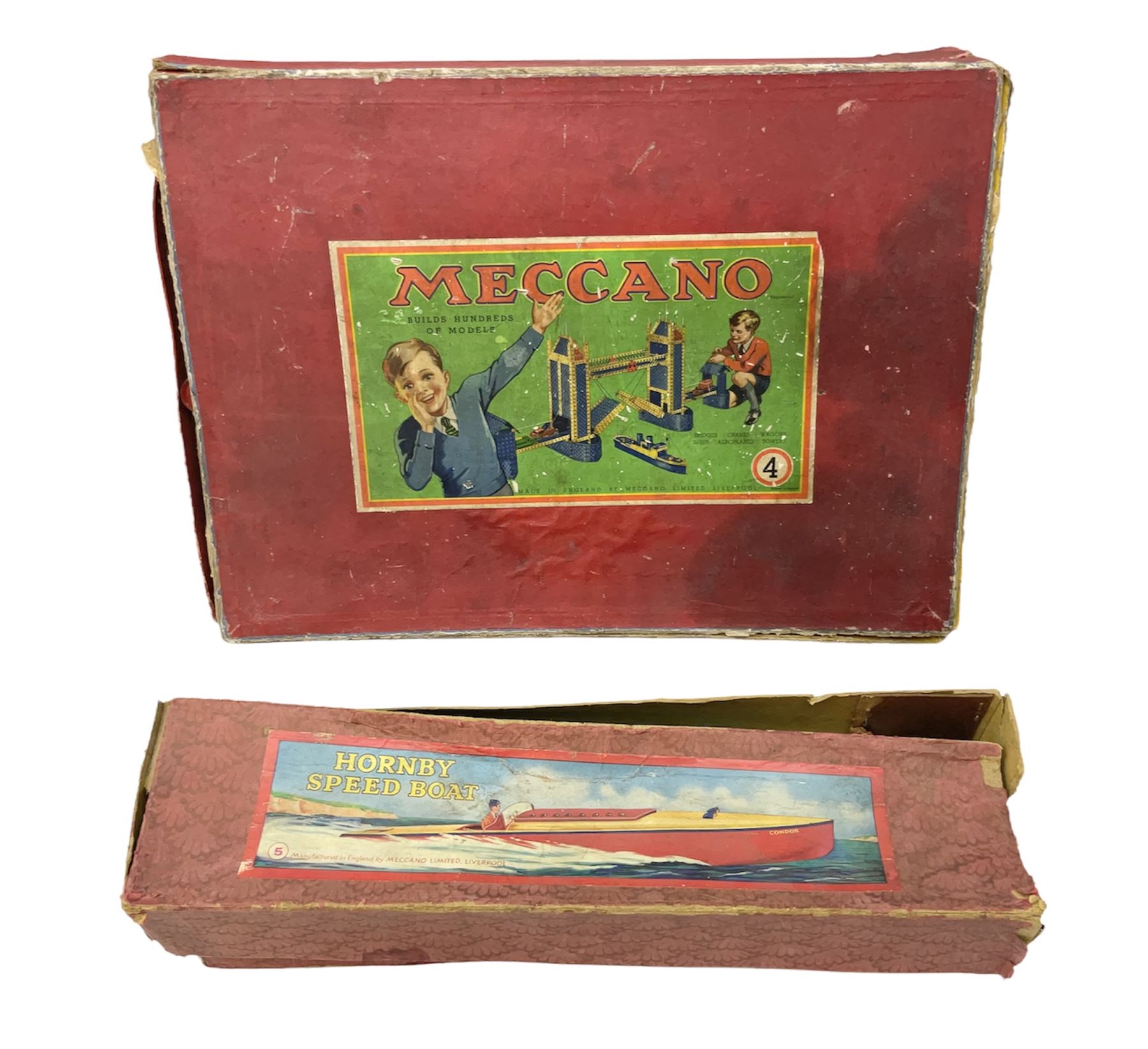 Pre-war Hornby No 5 clockwork Speedboat 'Viking', in green and cream in original box; and Meccano No.4 set box containing various sections in blue, gold and red and instruction manual (2)