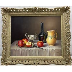 Andreas Gombar (Hungarian 1946-): Still Life of Apples, oil on panel signed 39cm x 49cm 