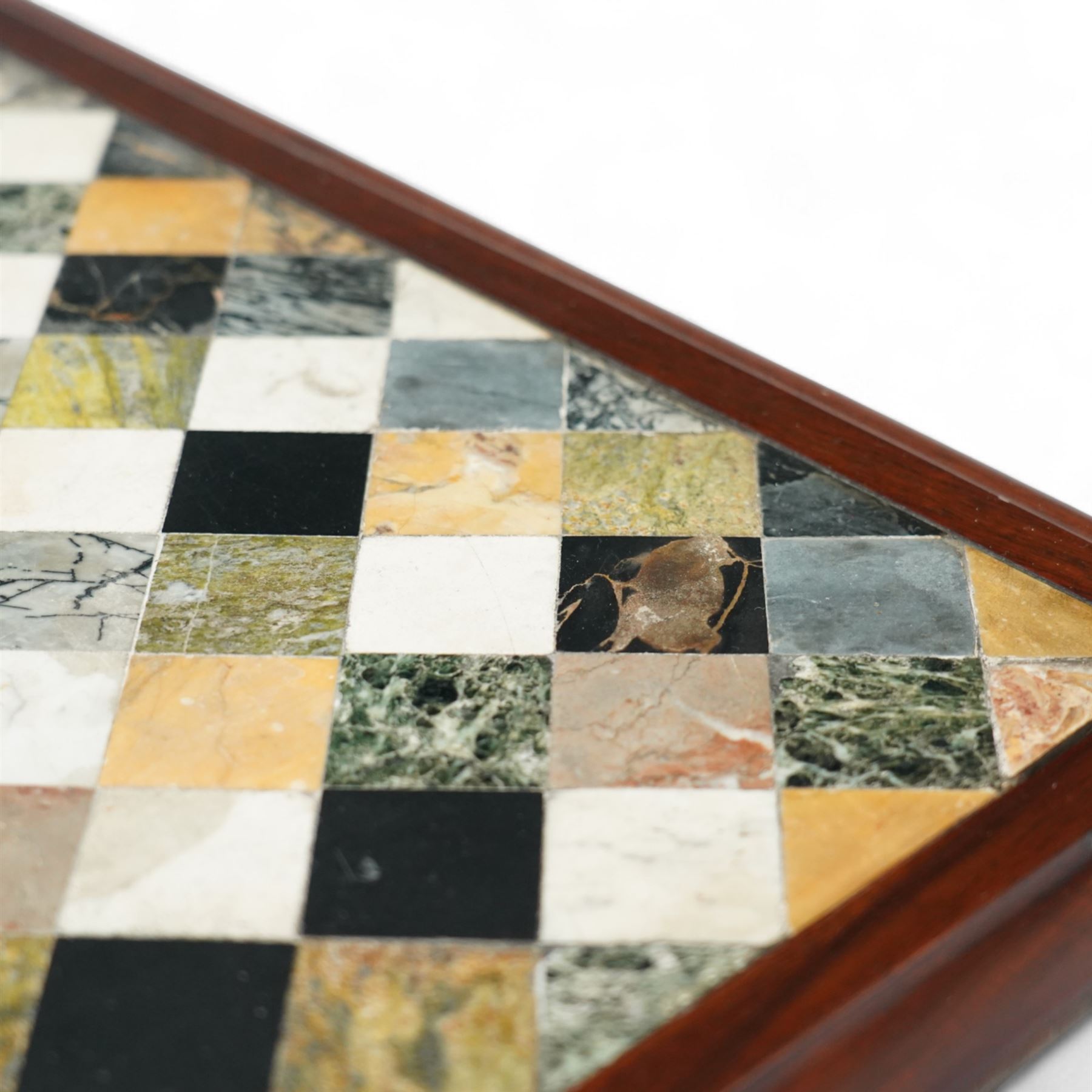 Regency style late 19th century mahogany and Italian specimen marble top console table, rectangular top inlaid with a chequered arrangement of various coloured marbles within a mahogany border, above a plain frieze raised on bold acanthus carved scroll supports over a concave plinth base