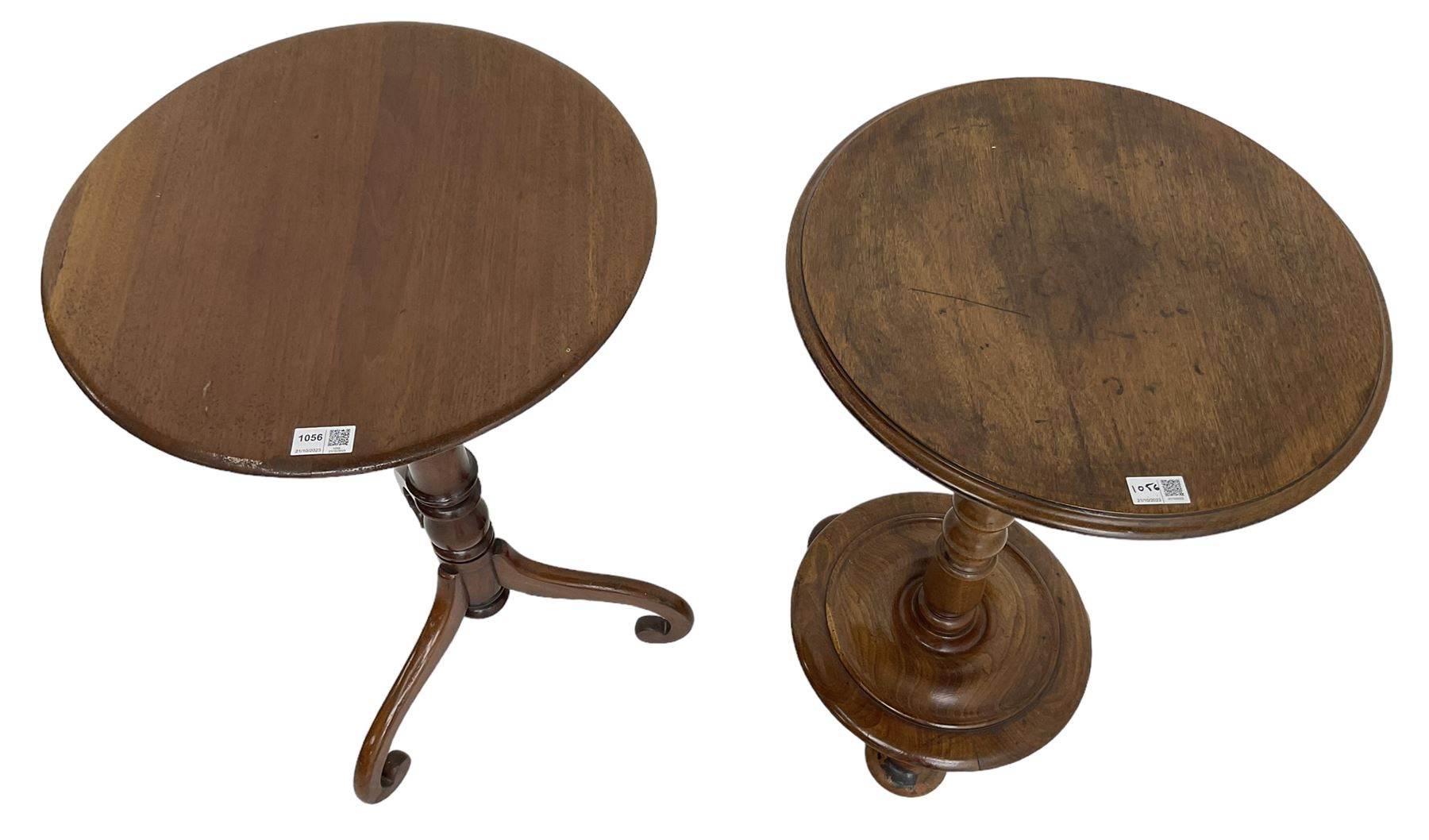 19th century walnut occasional table, circular moulded top on bobbin turned stem, circular moulded base on compressed feet (H70cm); 19th century walnut tripod table, circular table on turned stem, on splayed supported with scrolled terminals (H74cm)