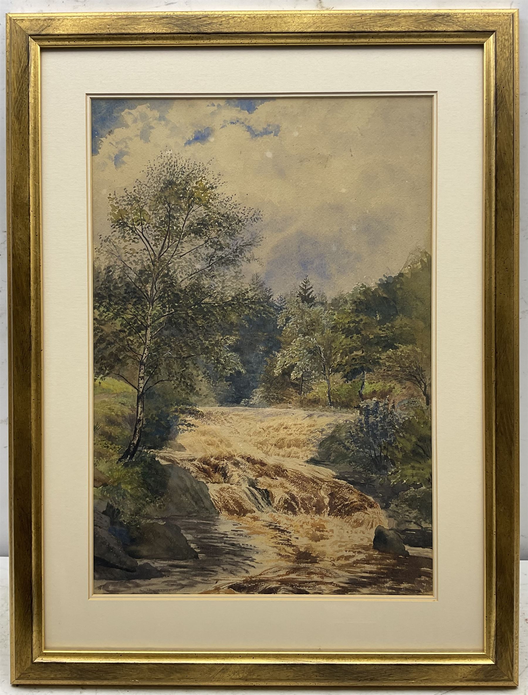 MHH (British early 20th century): Country Church, watercolour signed with initials and dated May 1900, 25cm x 35cm; English School (Early 20th century): River Falls, watercolour with scratching out unsigned 46cm x 32cm (2)