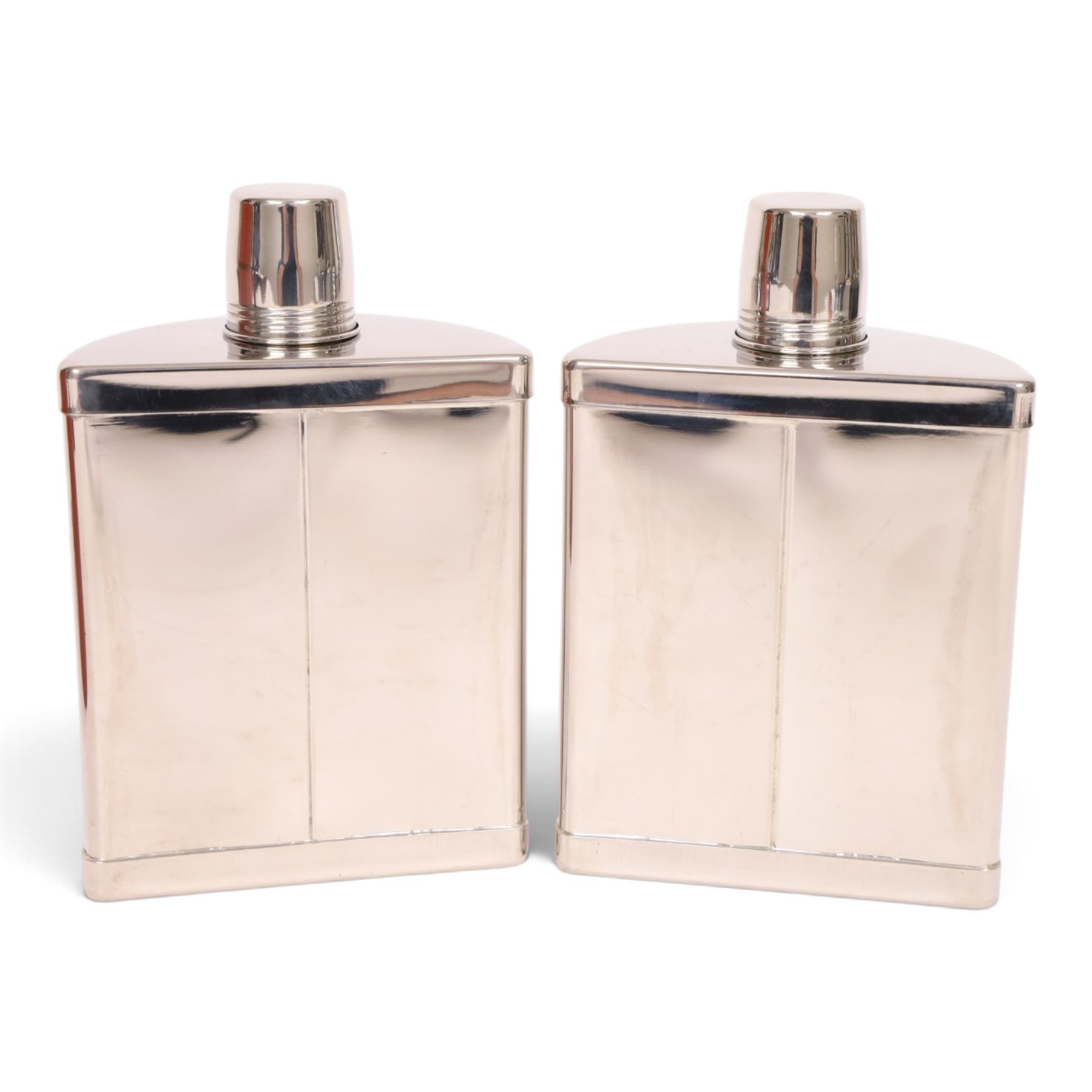 Pair of  Tudor stainless steel hip flasks in fitted leather case, H18cm, D12cm